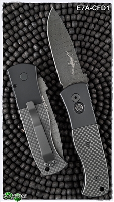 Protech Emerson CQC7 Auto E7A-CFD1 Spear Point Damascus 3D Carbon Fiber Inlay Button Handle Blackout Hardware