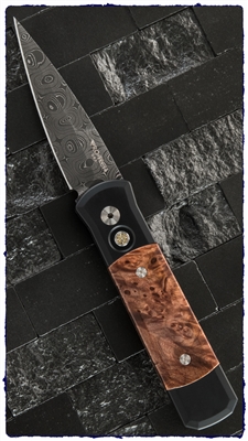 Protech Godson Automatic Knife Custom Maple Burl Damascus Inlay Blade