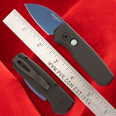 Protech Custom Runt 5 R5306-SB Sapphire Blue Wharncliffe Magnacut Blade Textured Black Handle Abalone Button
