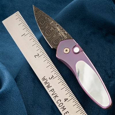 Protech Custom Sprint Purple Titanium Handle MOP Inlay & Button Spirograph Damascus Blade