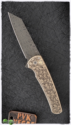 Protech Malibu Ultimate Custom Engraved Bronze Handle, Mosaic Button, C. Nichols Ladder Damascus Reverse Tanto Blade