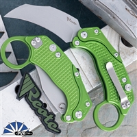 Reate EXO-K Gravity Karambit, Stonewashed N690, Green Oxide Aluminum, Tan Trainer