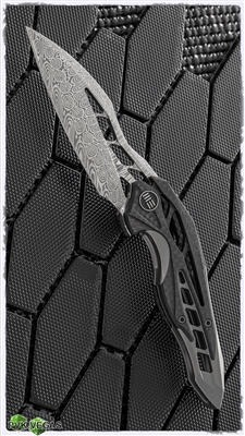 Elijah Isham Arrakis Folding Knife Heimskringla Damasteel Blade, Carbon Fiber and Gray Titanium Handles, Timascus Pivot Collar