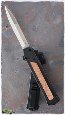 AKC F-16 D/A OTF Stiletto Silver Bayonet Black Handle Wood Inlay