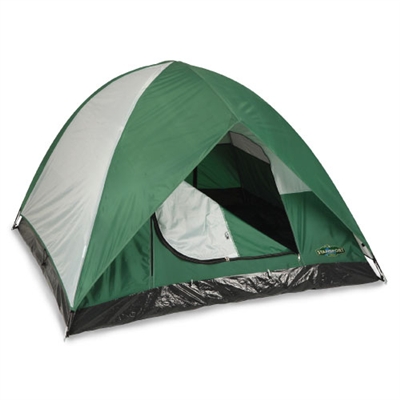 Stansport Dome Tent sleeps three people. Two large doors for easy access. Waterproof floor and mesh panels for ventilation.
