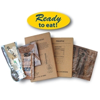 Single MRE Meal - Individual includes entrÃ©e, side dish, dessert, spread, coffee, and beverage powder plus utensils.