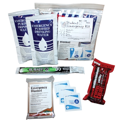 Be prepared for any emergency at school with the one-day student emergency kit from SOS Products. Includes a food bar, water pouches & more!