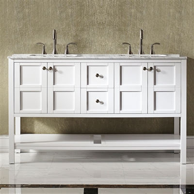 Vinnova Florence 60-inch Vanity in White with Carrara White Marble Countertop Without Mirror