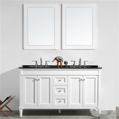 Vinnova Catania 60-inch Double Vanity in White with Black Galaxy Granite Countertop With Mirror