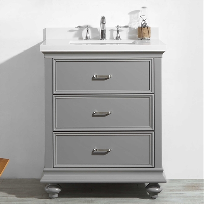 Vinnova Venice 30-inch Vanity in Grey with Carrara Quartz Stone Top Without Mirror