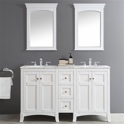 Vinnova Arezzo 60-inch Double Vanity in White with Carrara White Marble Top With Mirror