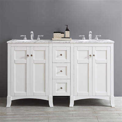 Vinnova Arezzo 60-inch Double Vanity in White with Carrara White Marble Top Without Mirror