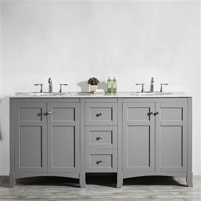 Vinnova Arezzo 72-inch Double Vanity in Grey with Carrara White Marble Top Without Mirror