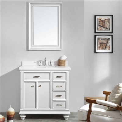 Vinnova Charlotte 36-inch Vanity in White with Carrara Quartz Stone Top With Mirror