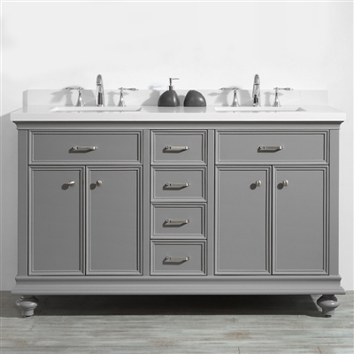 Vinnova Charlotte 60-inch Double Vanity in Grey with Carrara Quartz Stone Top Without Mirror