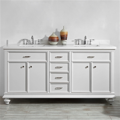 Vinnova Charlotte 72-inch Double Vanity in White with Carrara Quartz Stone Top Without Mirror