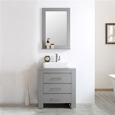 Vinnova Pascara 30-inch Vanity in Grey with White Drop-In Porcelain Vessel Countertop With Mirror
