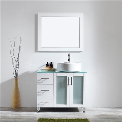 Vinnova Tuscany 36-inch Vanity in White with Glass Countertop with White Vessel Sink with Mirror (Right)