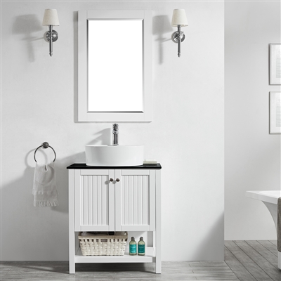 Vinnova Modena 28-inch Vanity in White with Glass Countertop with White Vessel Sink With Mirror