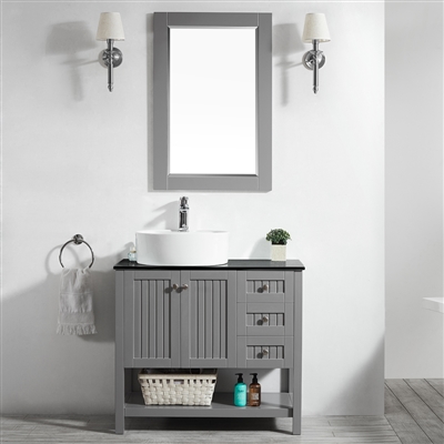 Vinnova Modena 36-inch Vanity in Grey with Glass Countertop with White Vessel Sink With Mirror