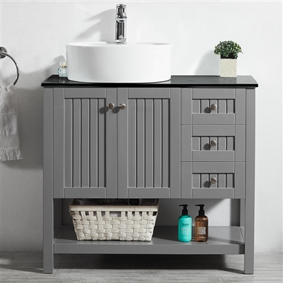 Vinnova Modena 36-inch Vanity in Grey with Glass Countertop with White Vessel Sink Without Mirror