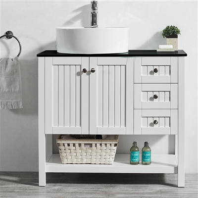Vinnova Modena 36-inch Vanity in White with Glass Countertop with White Vessel Sink Without Mirror