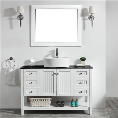 Vinnova Modena 48-inch Vanity in White with Glass Countertop with White Vessel Sink With Mirror
