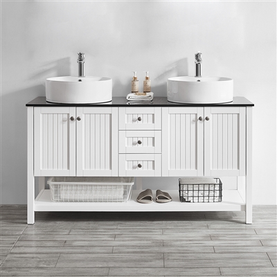 Vinnova Modena 60-inch Double Vanity in White with Glass Countertop with White Vessel Sink Without Mirror
