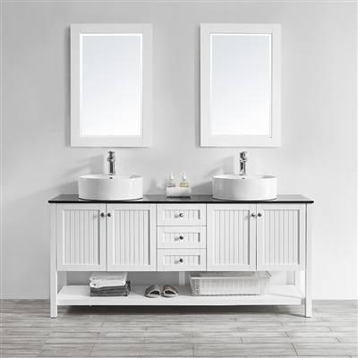 Vinnova Modena 72-inch Double Vanity in White with Glass Countertop with White Vessel Sink With Mirror