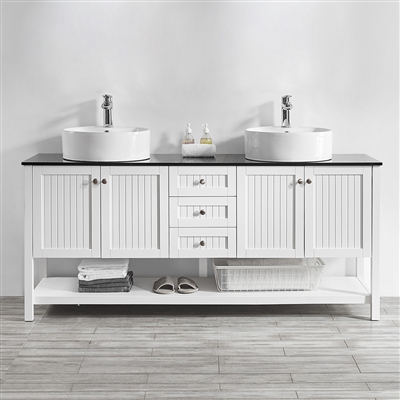 Vinnova Modena 72-inch Double Vanity in White with Glass Countertop with White Vessel Sink Without Mirror