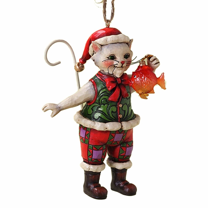 Jim Shore Heartwood Creek - Christmas Cat With Fish Ornament