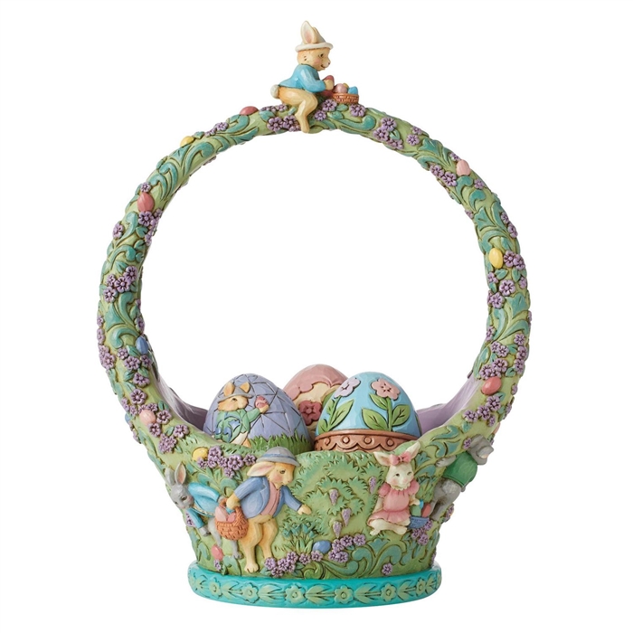 Jim Shore |  On the Hunt for Easter Surprises - Bunnies Egg Hunt Easter Basket 6010591 | DBC Collectibles