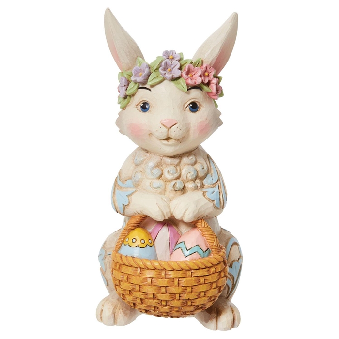 Jim Shore  |  Basket of Easter Blessings - Pint Bunny with Floral Crown 6012443 | DBC Collectibles