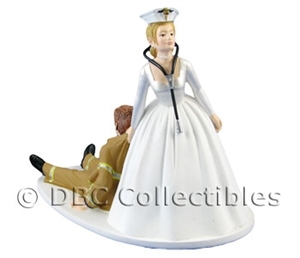 Nurse With Stethoscope Bride Dragging Firefighter Groom- Wedding Cake topper