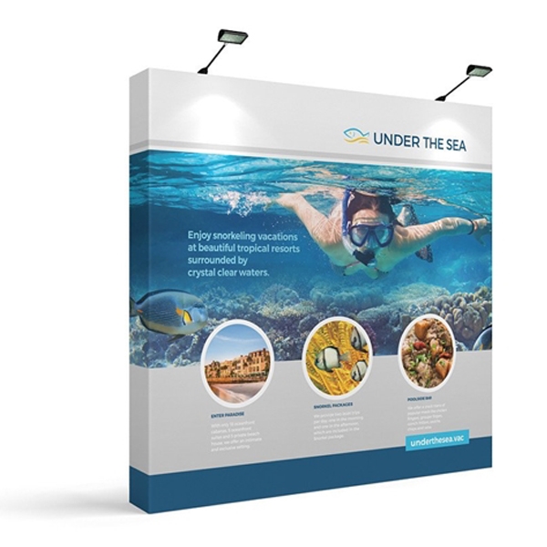 8ft x 8ft Makitso OneFabric Straight Display  - Single Sided with EndCaps, CA900 Counter with Black Wrap.  Choose this easy, impactful and affordable display to stand out from your competition at your next trade show.