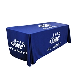 Sylish and elegant, this 8ft Draped table throw with Four Sided elevates your brand presentaiton at any trade show or event space.  All table cloths are custom printed using dye-sub technology, utilize wrinkel resistant fabric and are washable for easy ca