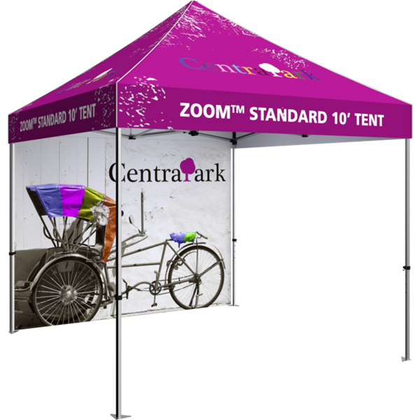 Outdoor 10ft x 10ft  Zoom Tents offer heavy duty commercial-grade popup frames designed for professional use. Canopies can customized with full color printing to display your company branding. Showcase your business name with our outdoor event tent