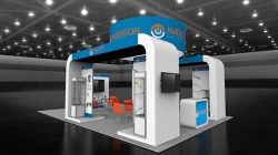 Custom trade show exhibit structures, like design # 102699V1 stand out on the convention floor. Draw eyes to your trade show booth with exciting custom exhibits & displays. We can customize any trade show exhibit or display to your specifications.