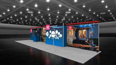 Custom trade show exhibit structures, like design # 108433V2 stand out on the convention floor. Draw eyes to your trade show booth with exciting custom exhibits & displays. We can customize any trade show exhibit or display to your specifications.