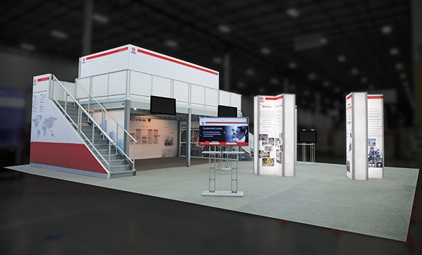 Custom trade show exhibit structures, like design # 639645 stand out on the convention floor. Draw eyes to your trade show booth with exciting custom exhibits & displays. We can customize any trade show exhibit or display to your specifications.