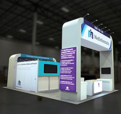 Custom trade show exhibit structures, like design # 659283 stand out on the convention floor. Draw eyes to your trade show booth with exciting custom exhibits & displays. We can customize any trade show exhibit or display to your specifications.