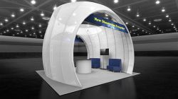 Custom trade show exhibit structures, like design # 102920V2 stand out on the convention floor. Draw eyes to your trade show booth with exciting custom exhibits & displays. We can customize any trade show exhibit or display to your specifications.