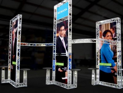 Custom trade show exhibit structures, like design # 50693 stand out on the convention floor. Draw eyes to your trade show booth with exciting custom exhibits & displays. We can customize any trade show exhibit or display to your specifications.