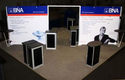 Custom trade show exhibit structures, like design # 56444 stand out on the convention floor. Draw eyes to your trade show booth with exciting custom exhibits & displays. We can customize any trade show exhibit or display to your specifications.