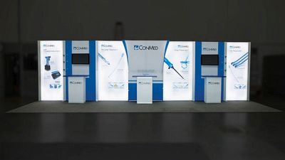 Custom trade show exhibit structures, like design # 595925 stand out on the convention floor. Draw eyes to your trade show booth with exciting custom exhibits & displays. We can customize any trade show exhibit or display to your specifications.