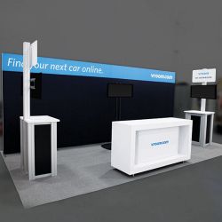Custom trade show exhibit structures, like design # 0743704 stand out on the convention floor. Draw eyes to your trade show booth with exciting custom exhibits & displays. We can customize any trade show exhibit or display to your specifications.