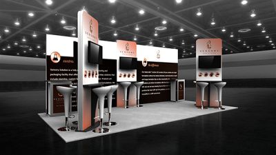 Custom trade show exhibit structures, like design # 101795V2 stand out on the convention floor. Draw eyes to your trade show booth with exciting custom exhibits & displays. We can customize any trade show exhibit or display to your specifications.