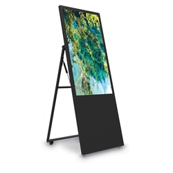 Replace your old back-lit signs with a dynamic high definition 43in Mobile A-Frame Kiosk deliver video, photos and audio to help blend strong branding, and digital signage and product displays.