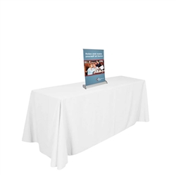 11in x 17in Retractable Table Top Banner Stand. The Large Pro Retractor Table Top Banner Kit offers the ability to show your message on both sides of the display. When not in use the base protects your graphics as you move from place to place.