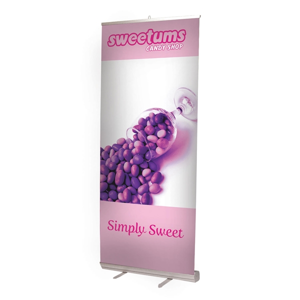 33.5in Economy Retractor Banner Stand with Fabric Print Silver the most economical retractor on the market. Its lighter duty mechanism makes it appropriate for temporary displays or for advertising seasonal specials.